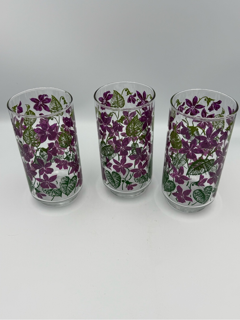 Vintage Libbey Purple Violets Glasses Green Leaves Tumblers Set of 3 Retro MCM